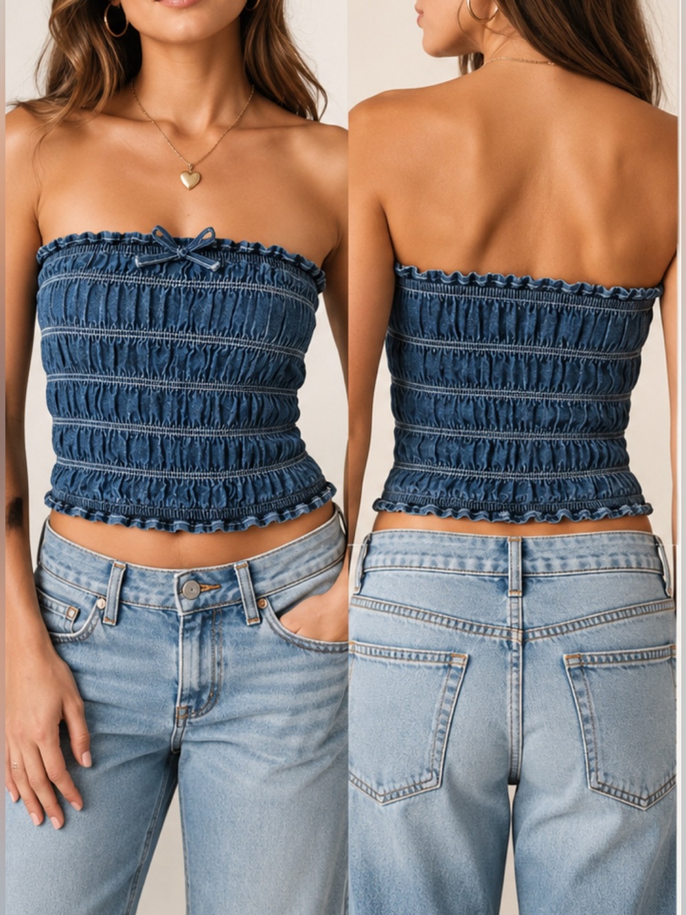 Lone Star Denim Smocked Tube Top Medium Blue Jean Strapless Crop Top Y2K